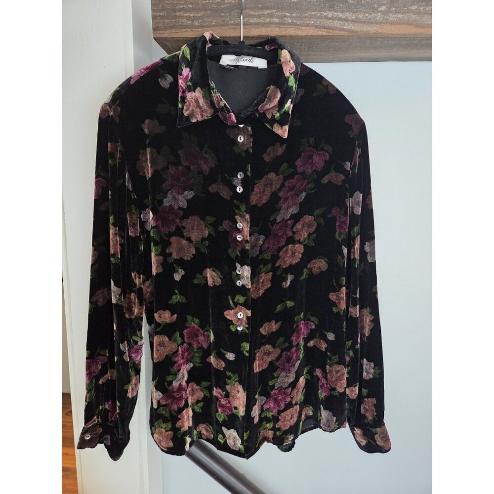 Essai Velvet Floral Button Up Blouse Sz L/XL Rayon Silk Black Long Sleeve Top